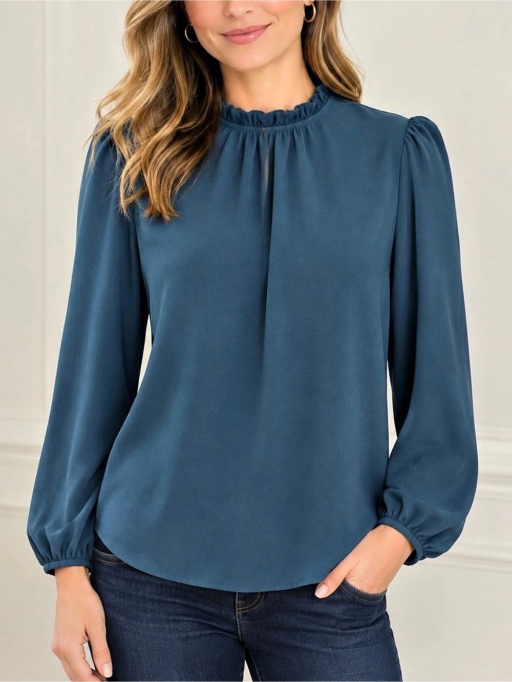 SHEIN Infinite Styles Ruffled Neck Blouse in Blue Size XL Like New